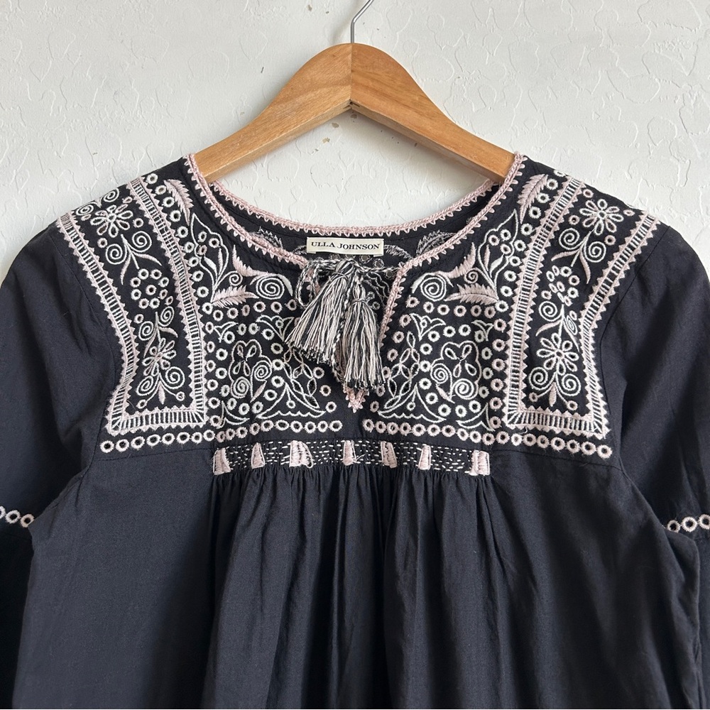 Ulla Johnson Mini Dress 2 Shift Long Sleeves Tasseled Embroidered Mira Black - Picture 3 of 11